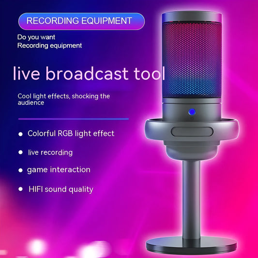 RGB USB condenser microphone in black, white, or pink colours with a 150 cm cable.