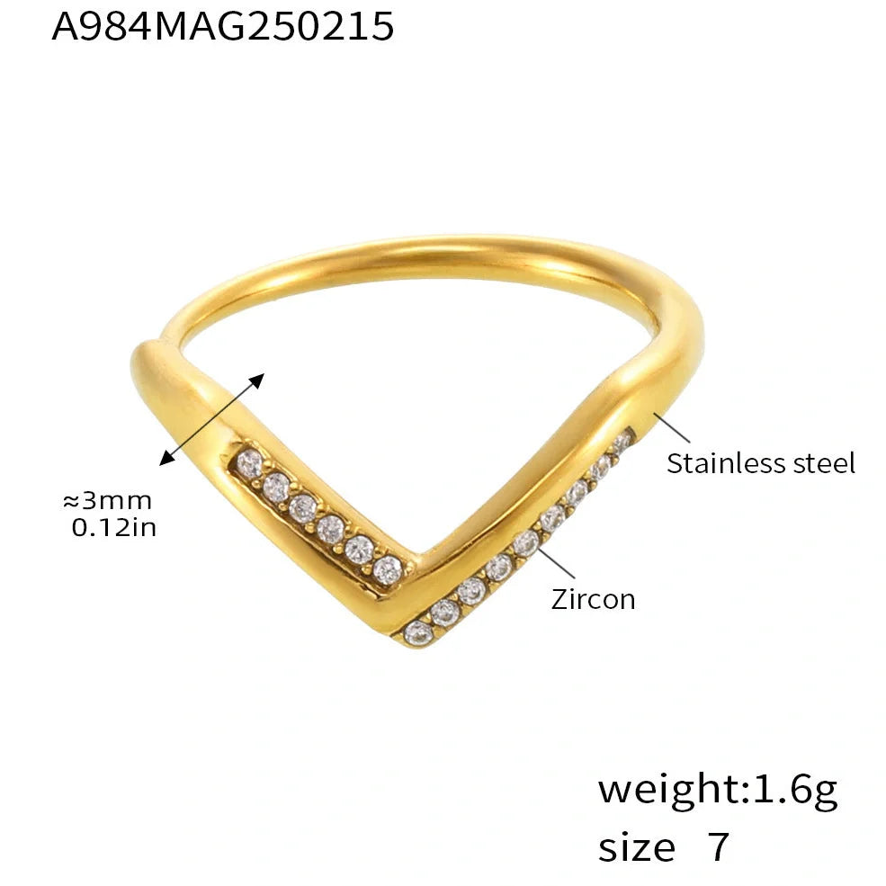 Adjustable stainless steel ring with geometric zircon stones in gold white, pink, or mixed colours