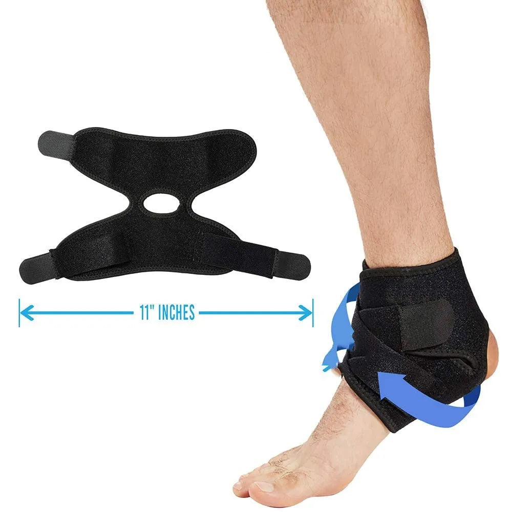 A single black sports ankle support laid flat, designed for injury protection during various athletic activities.