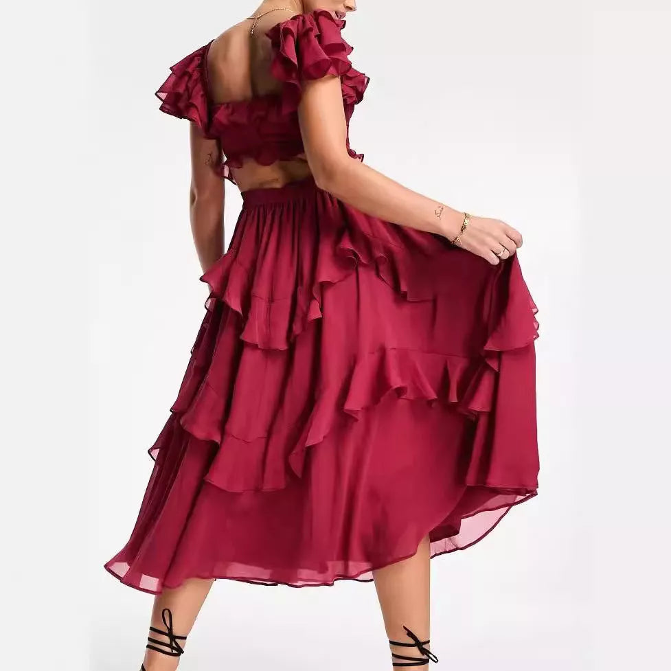Summer holiday ruffled short-sleeved dress with backless square neck in pink and wine red