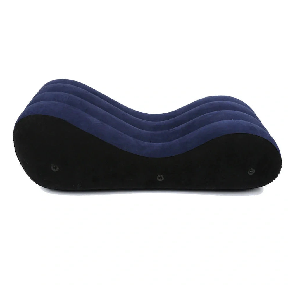 Blue inflatable PVC sofa cushion with flocking, 160cm long, shown inflated with optional electric pump