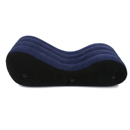 Blue inflatable PVC sofa cushion with flocking, 160cm long, shown inflated with optional electric pump