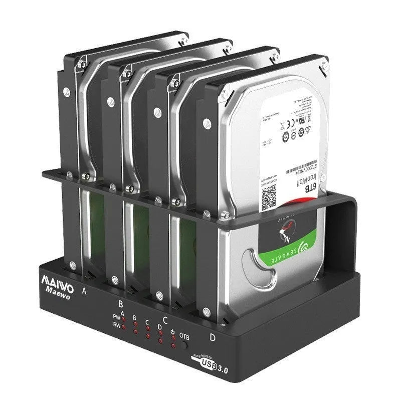 K305BU3S four-bay external hard drive docking station with four 2.5-inch SATA drives inserted, showing front power switches.