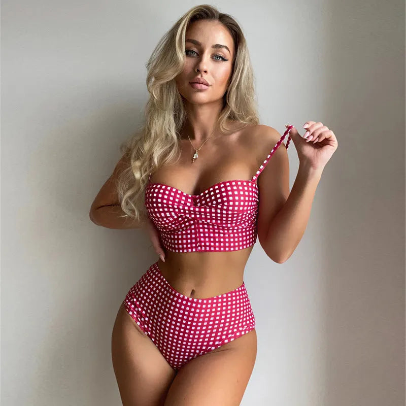 A rose red plaid high-waisted bikini swimsuit for women, showing the top and split-leg briefs.