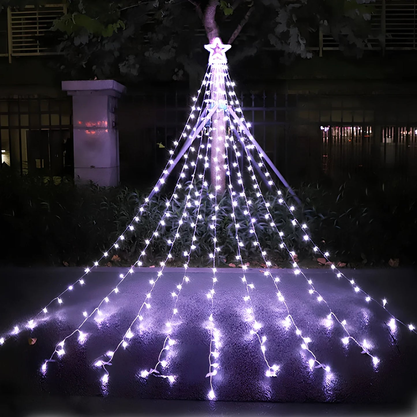 LED five-pointed star waterfall light, 1000mm length with 1000 lumens warm white glow for outdoor courtyard decoration, IP44 rated