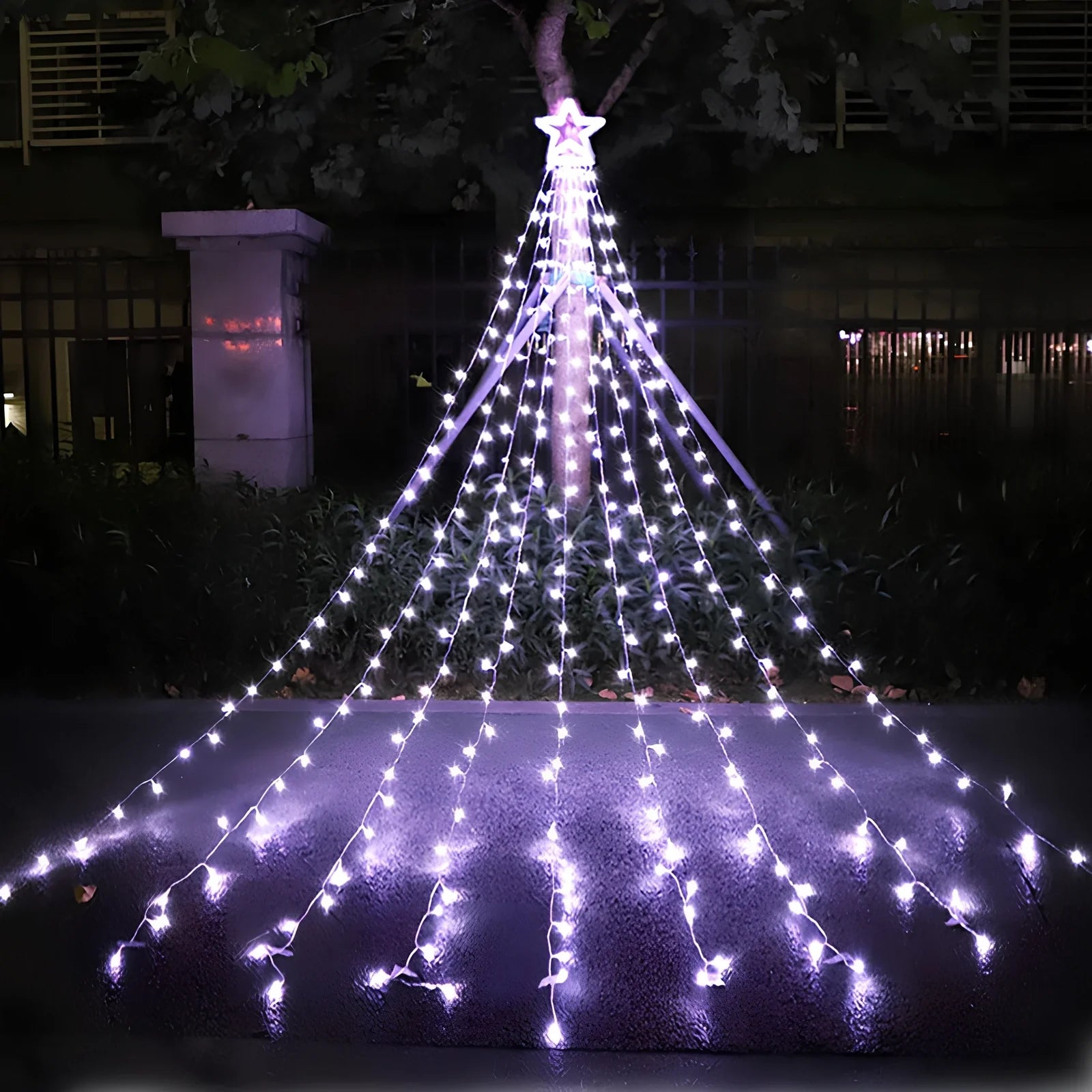 LED five-pointed star waterfall light, 1000mm length with 1000 lumens warm white glow for outdoor courtyard decoration, IP44 rated