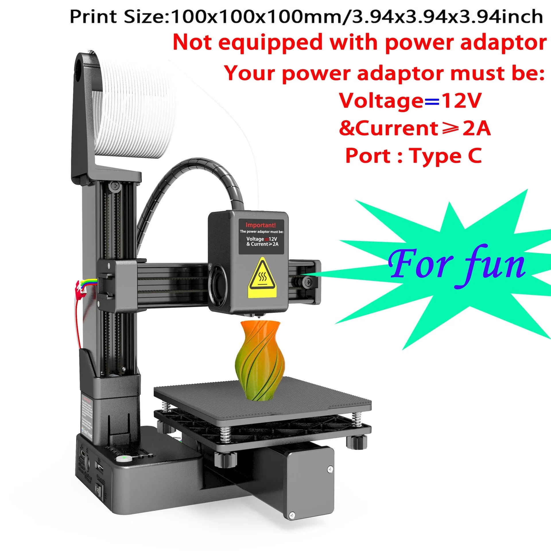 White EasyThreed K10 3D printer on a desktop with power cord and instruction manual