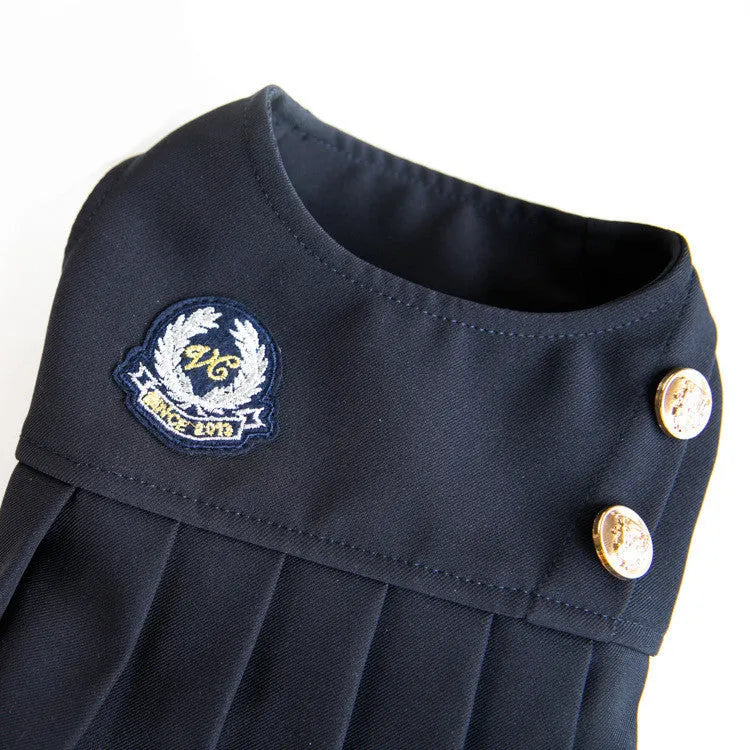 Dark grey teddy bear style dog clothing on pet model showing full coverage design