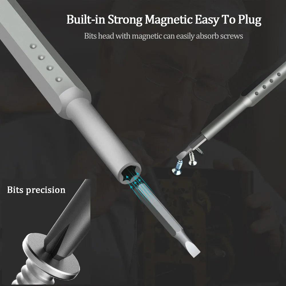 49-in-1 magnetic screwdriver set for phone repair with nickel aluminium bronze handles in a holder.