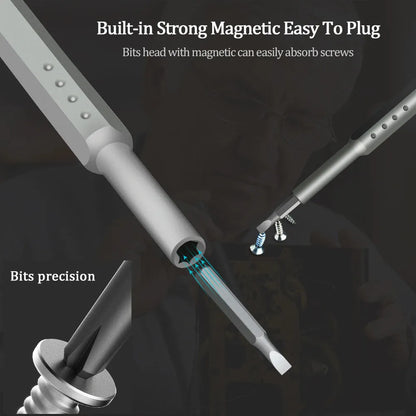 49-in-1 magnetic screwdriver set for phone repair with nickel aluminium bronze handles in a holder.