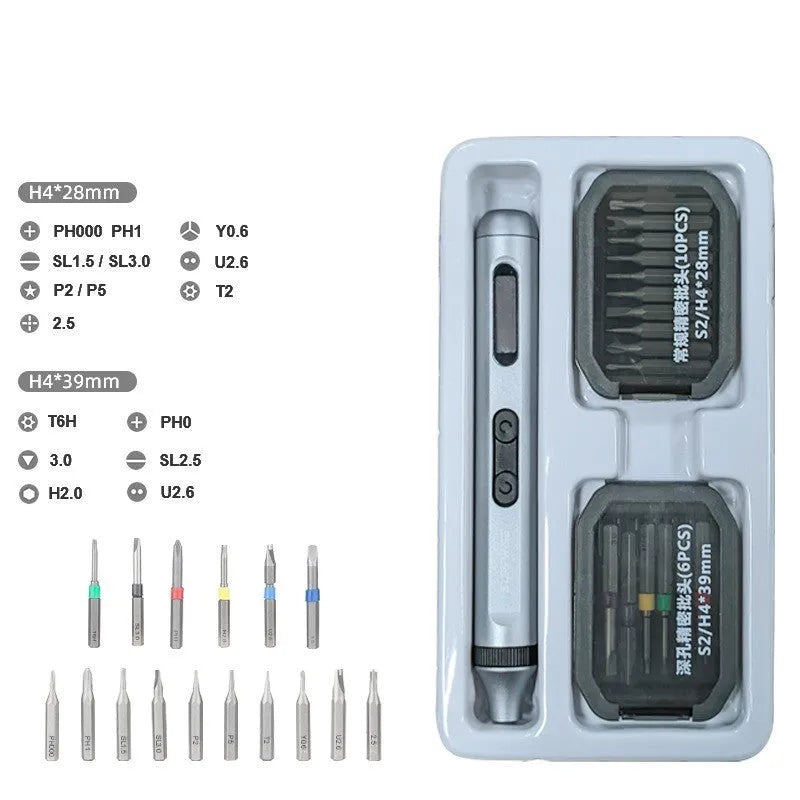 Precision electric screwdriver with aluminium alloy handle showing compact design