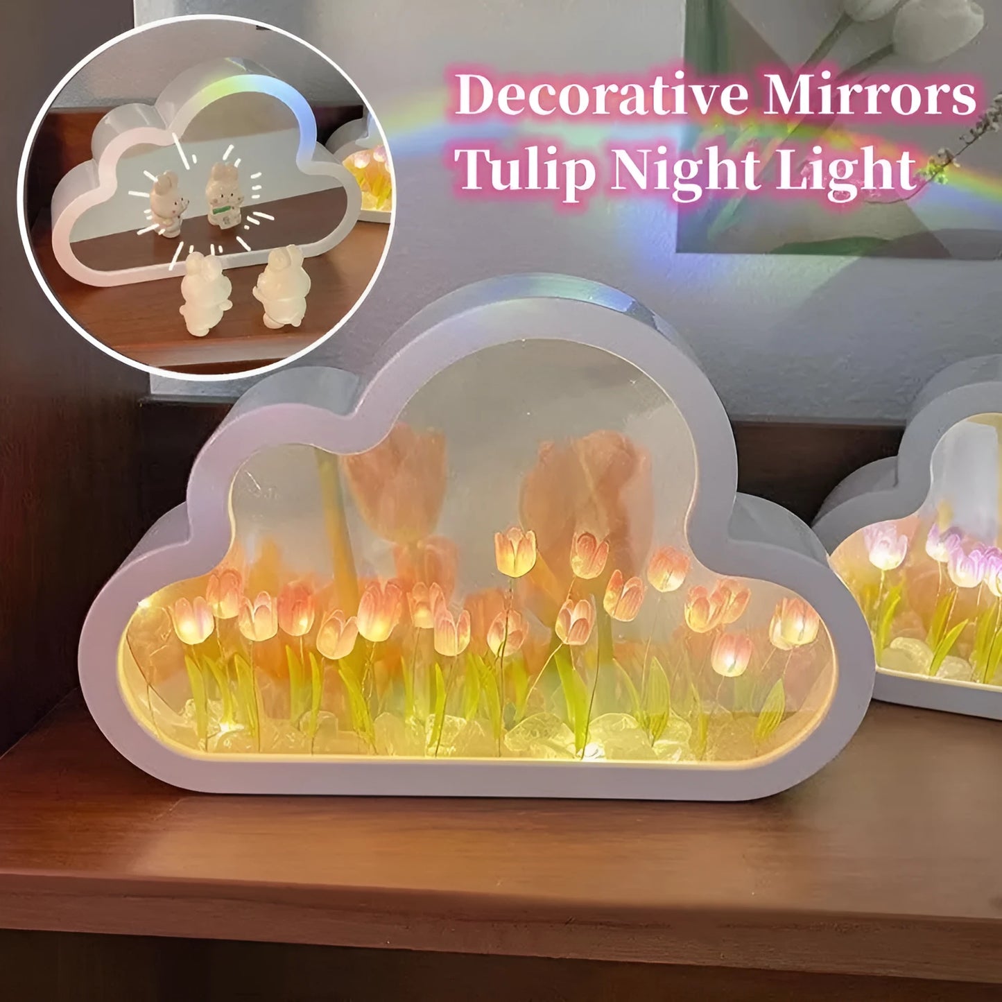 DIY tulip-shaped night lamp kit with LED lights and mirror surface in assorted colours on a desk.