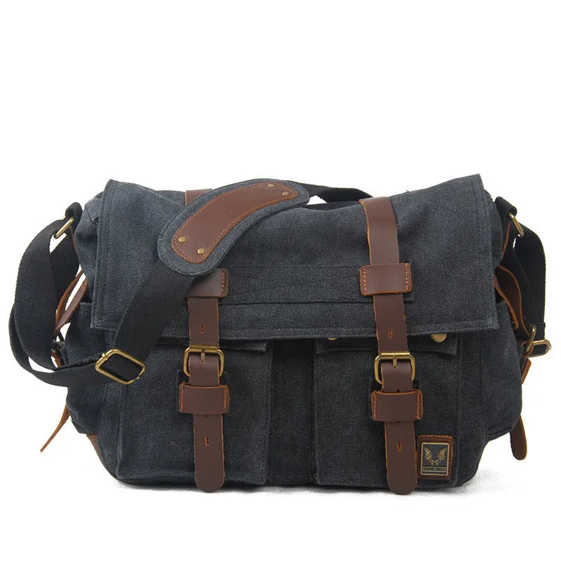 Men's retro crossbody canvas shoulder bag with cowhide trim in horizontal rectangular shape