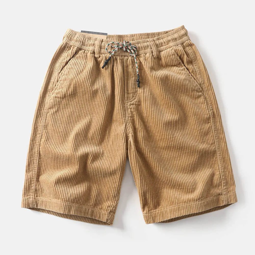Men's khaki cargo shorts with multiple pockets on a straight-leg fit, shown on a hanger.