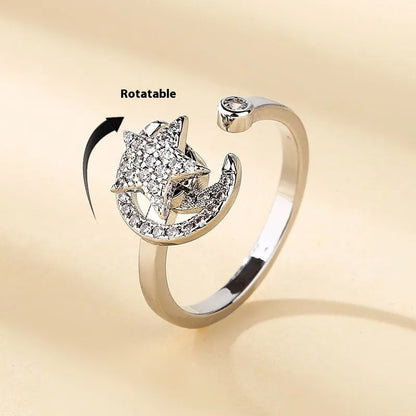 Adjustable copper ring with micro-inlaid zircon stars and rotating moon element in geometric design