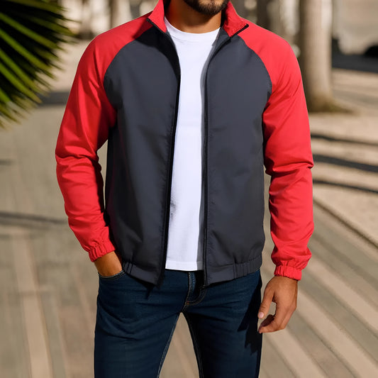 Men's red stand collar casual jacket with raglan sleeves on a hanger.