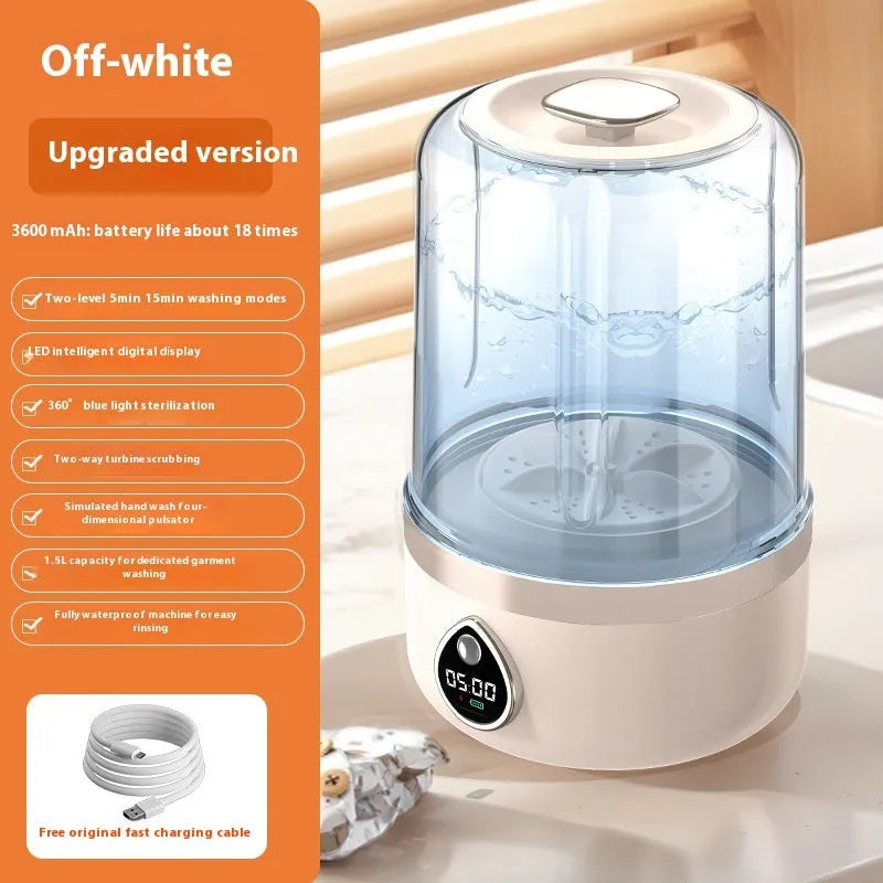 Portable white mini washing machine with USB cable showing 13.5cm width and compact design