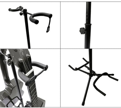 Black vertical double-headed adjustable iron guitar stand holding two guitars.