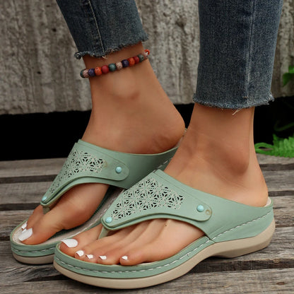 Women's PU thong sandals in various colors, showcasing segmented toe design
