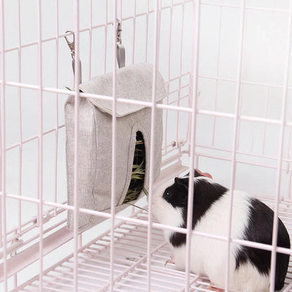 Versatile cloth feeding bags for small pets like rabbits, guinea pigs, hamsters, and chinchillas, available in grey and blue colors in small, medium, and large sizes