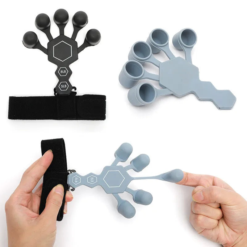 Grey and black silicone hand trainer for adult finger rehabilitation and strength exercises