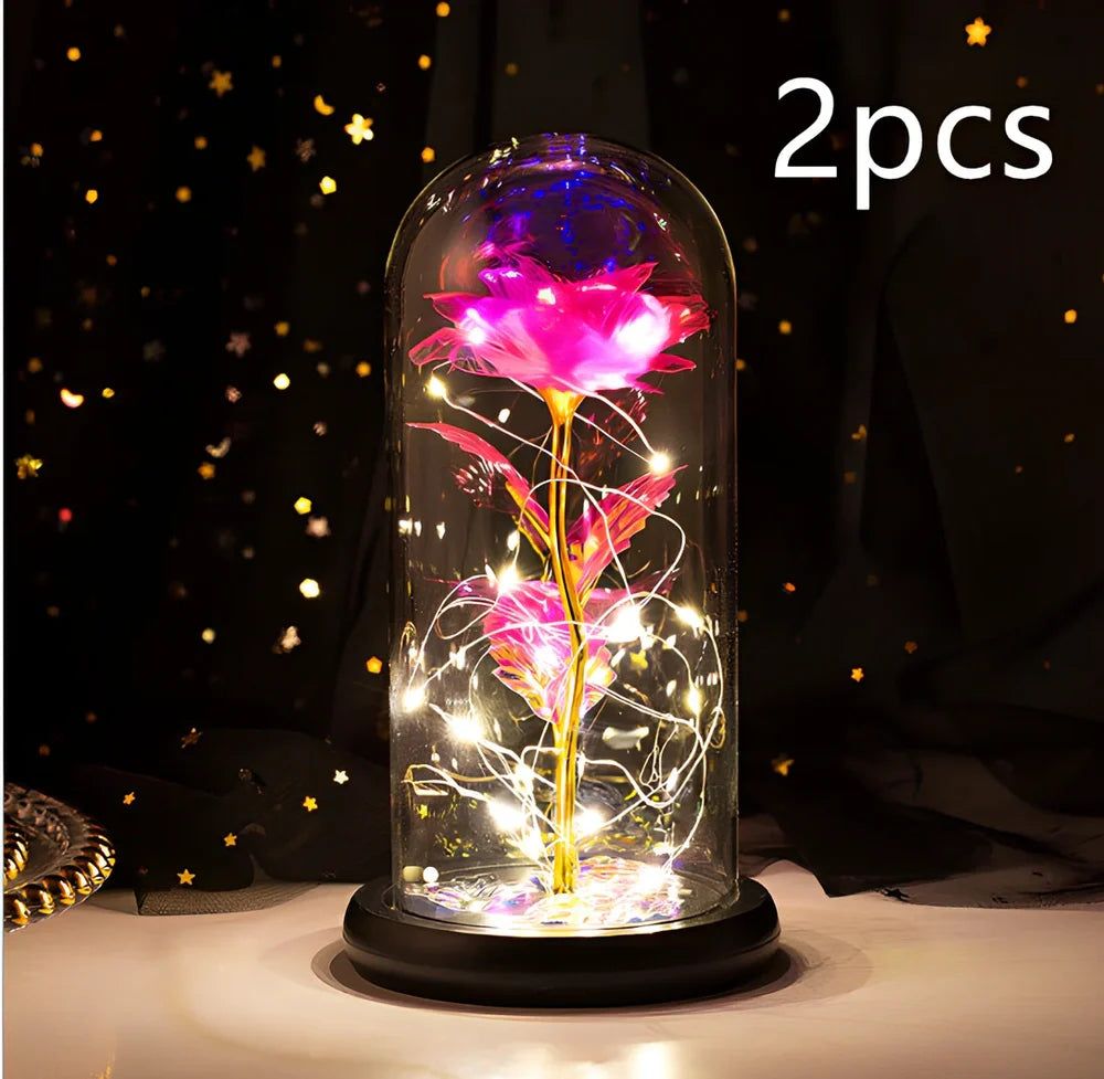 Little Prince rose arrangement under 20x9cm glass dome with gold foil flowers
