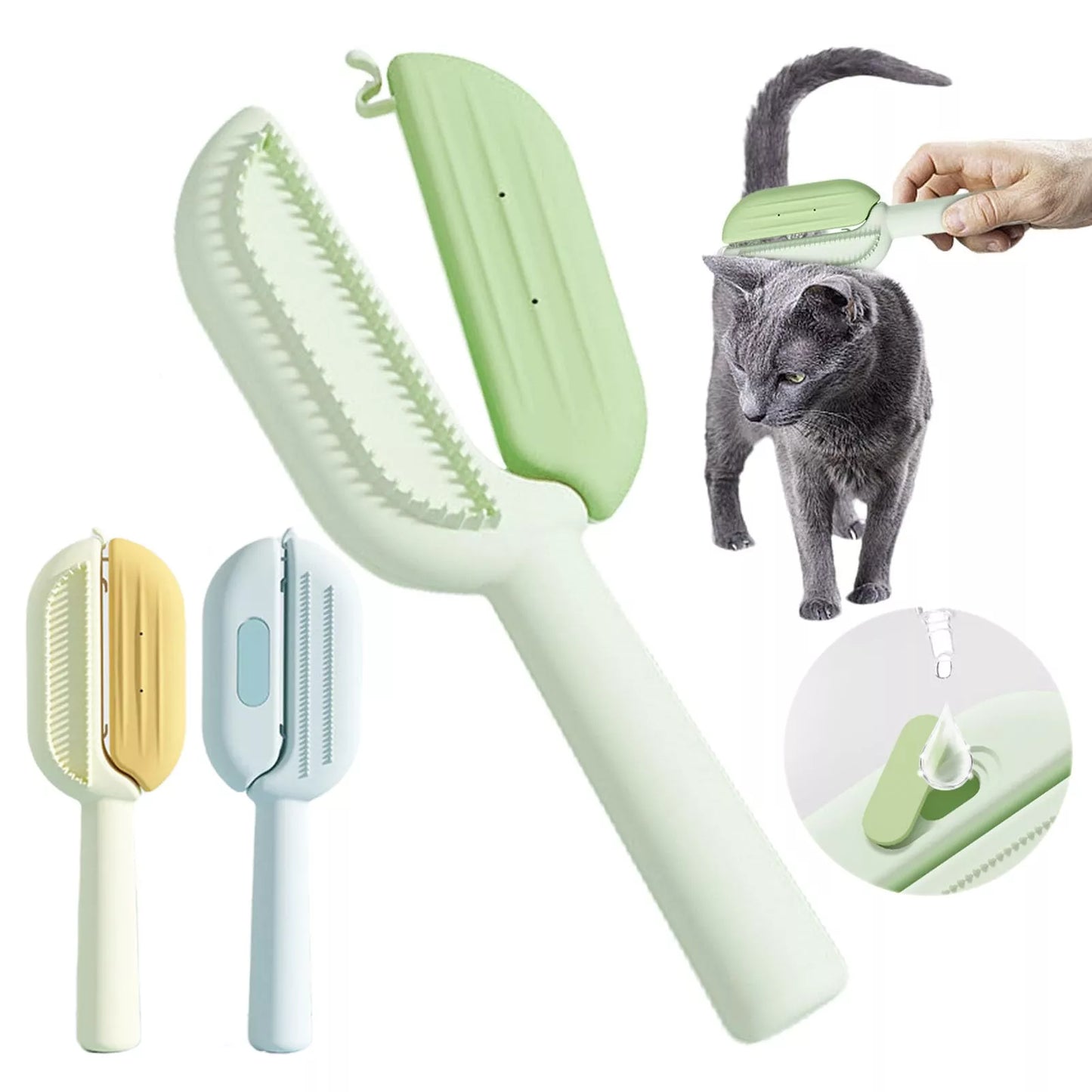 3-in-1 pet grooming brush with water tank for hair removal and massage in green, blue, or orange