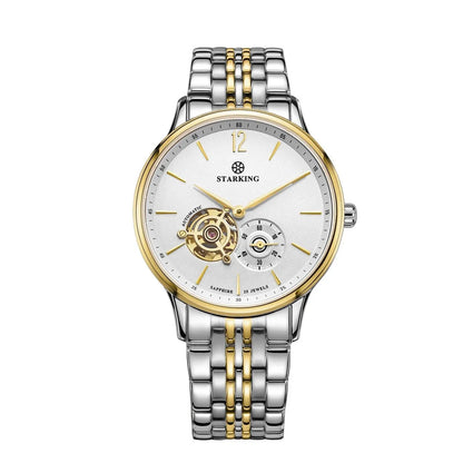 Automatic mechanical men's business watch with brown leather strap and circular dial showing 11mm thickness