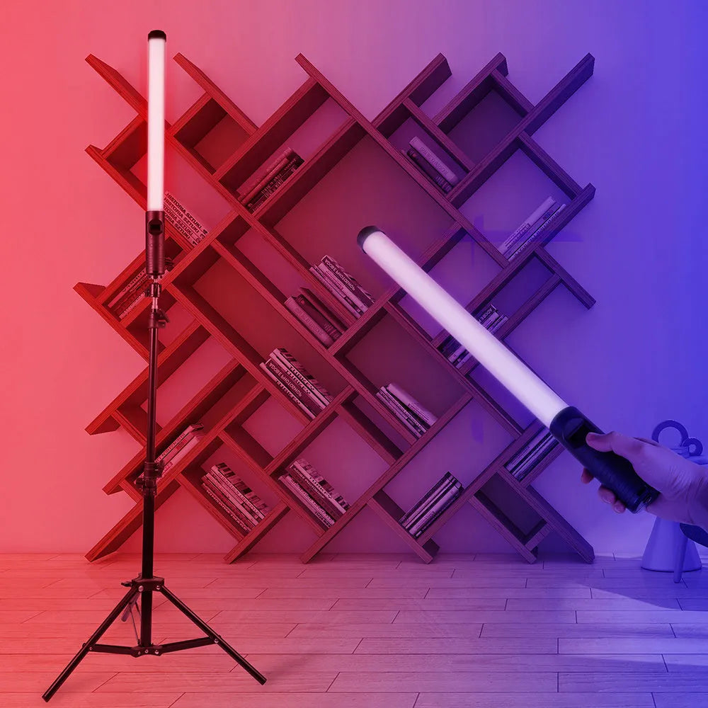 Black RGB LED handheld light stick with 5V USB power, 6mm screw, dimmable brightness, and remote control for photography