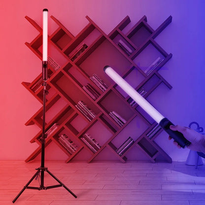 Black RGB LED handheld light stick with 5V USB power, 6mm screw, dimmable brightness, and remote control for photography