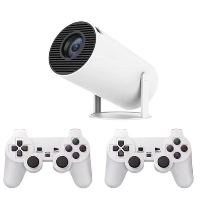 White Barrel X10 PLUS portable smart projector with gamepad and remote control on a table