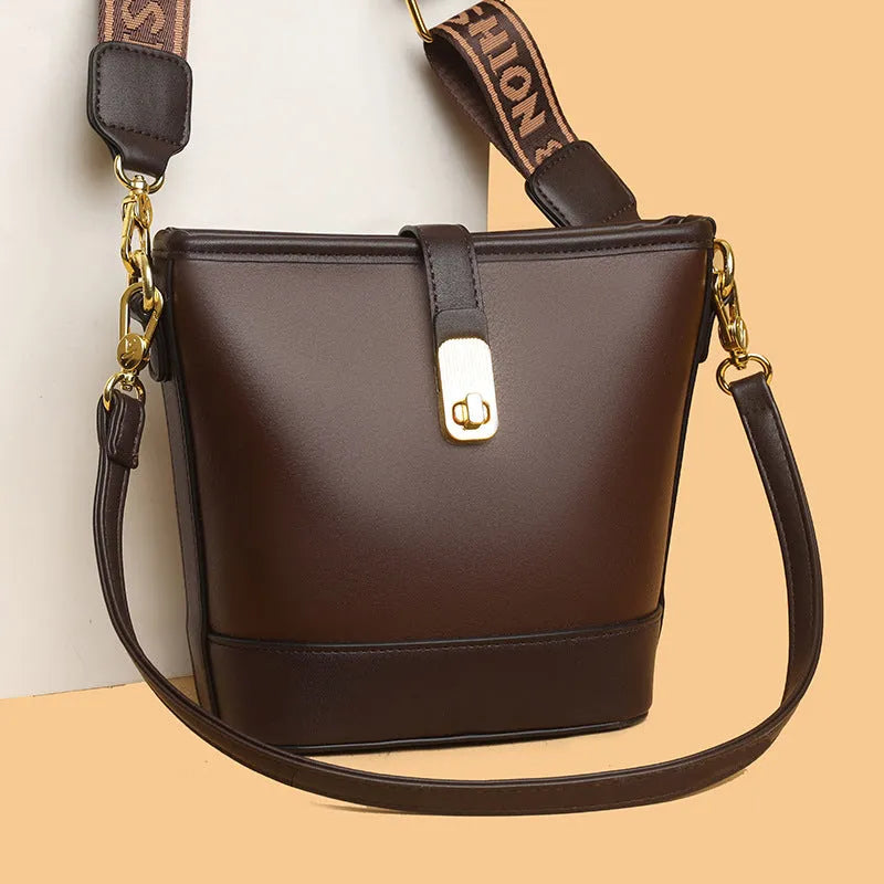 Korean-style soft PU bucket bag in black with double shoulder straps and organisational compartments