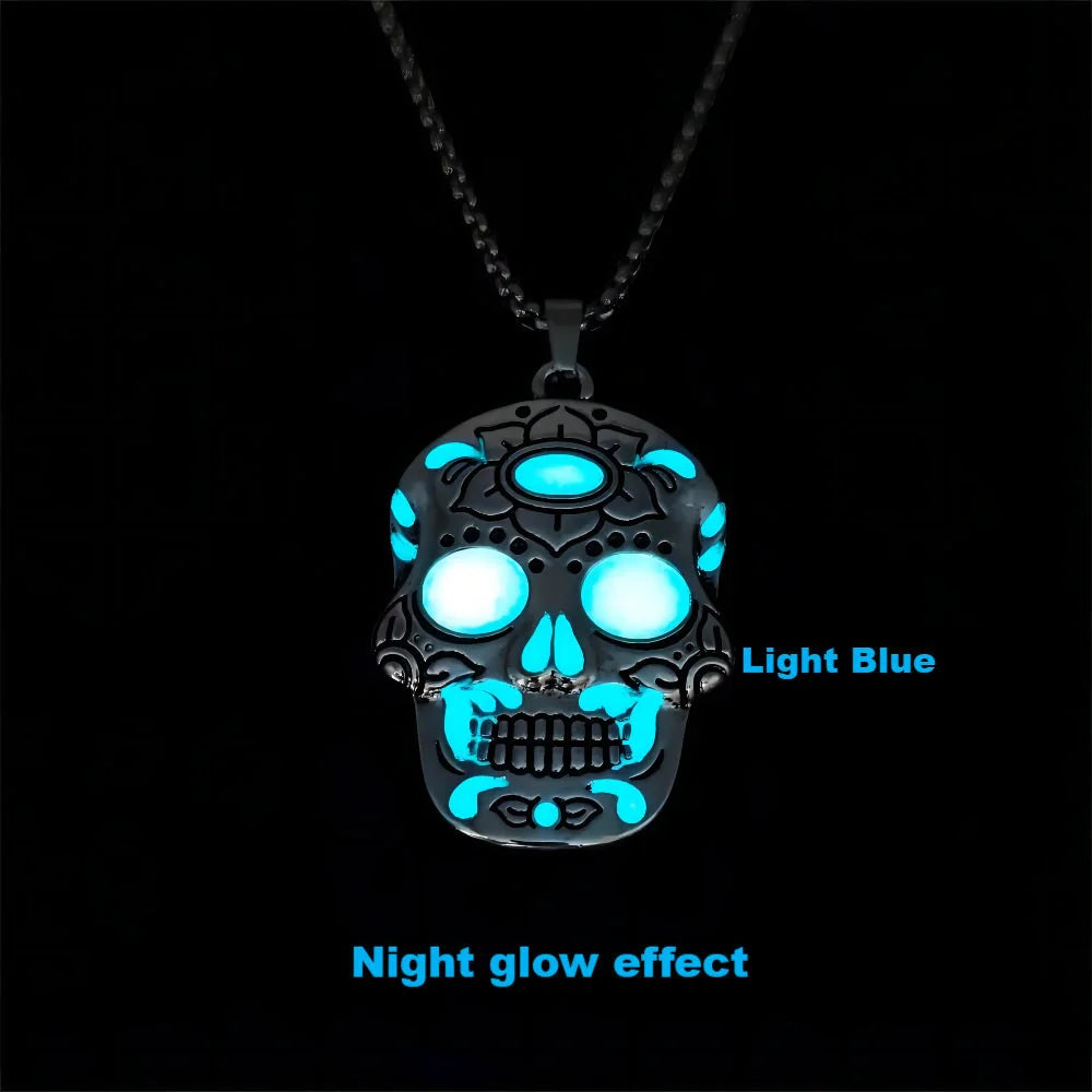 Glowing Halloween skull necklace with intricate Day of the Dead lotus pattern and vibrant color options