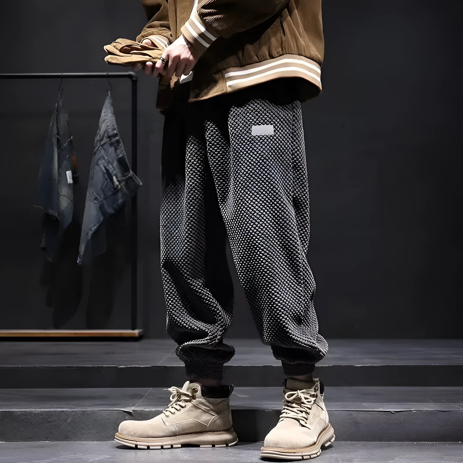 Men's grey casual sweatpants with ankle-tie design and straight leg cut