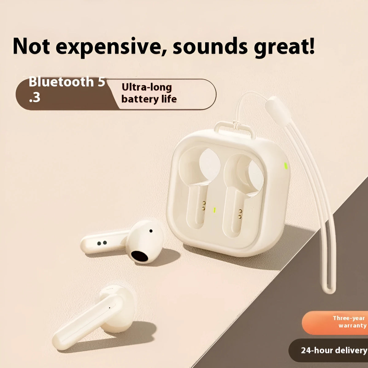 Wireless Bluetooth earbuds with noise reduction, sports style, available in black, white, or skin colour, plastic.