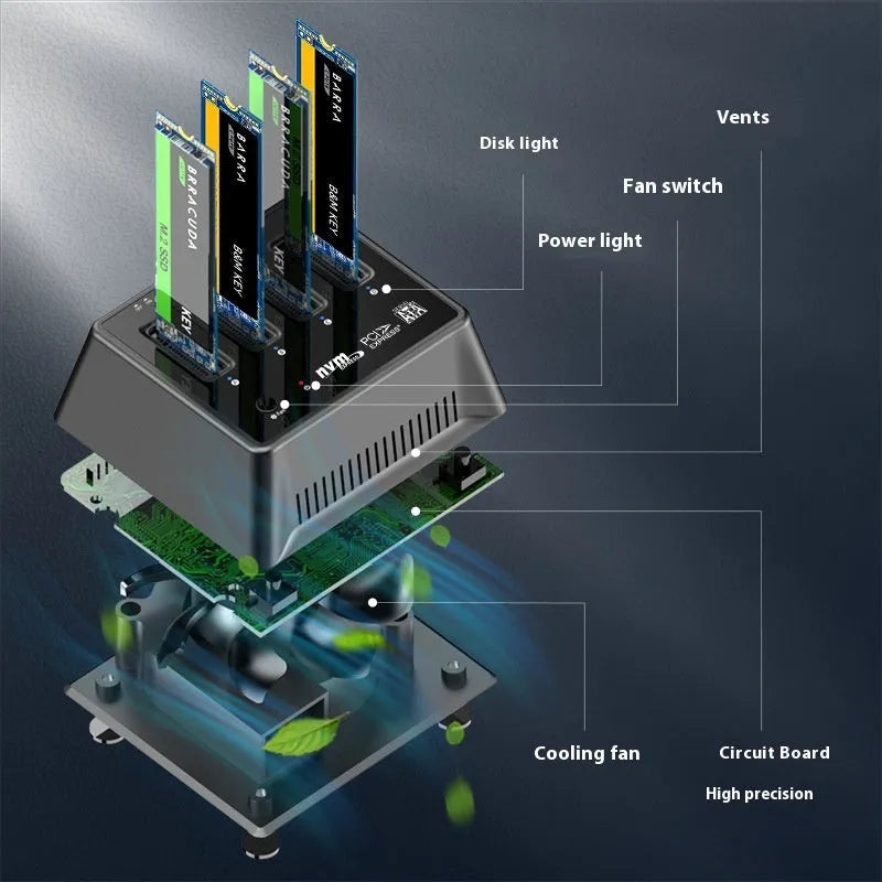 Aluminium M.2 SSD mounting base with heatsink fins, shown next to an M.2 drive and manual.
