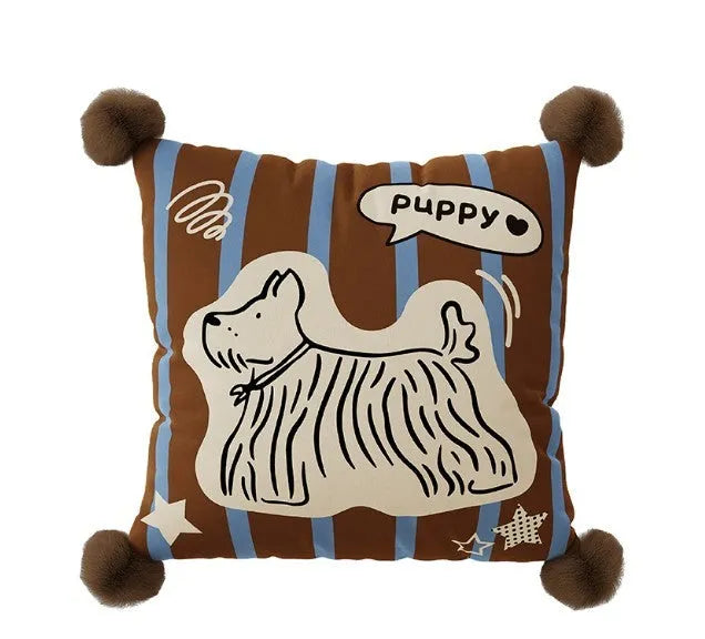 Blue cartoon animal print sofa cushion pillow in 45x45cm size next to brown and white versions.