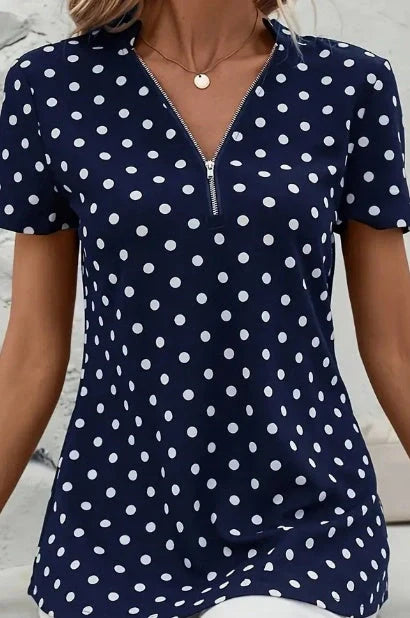 Navy Blue Polka Dots Print V Neck Blouse with front zipper for women