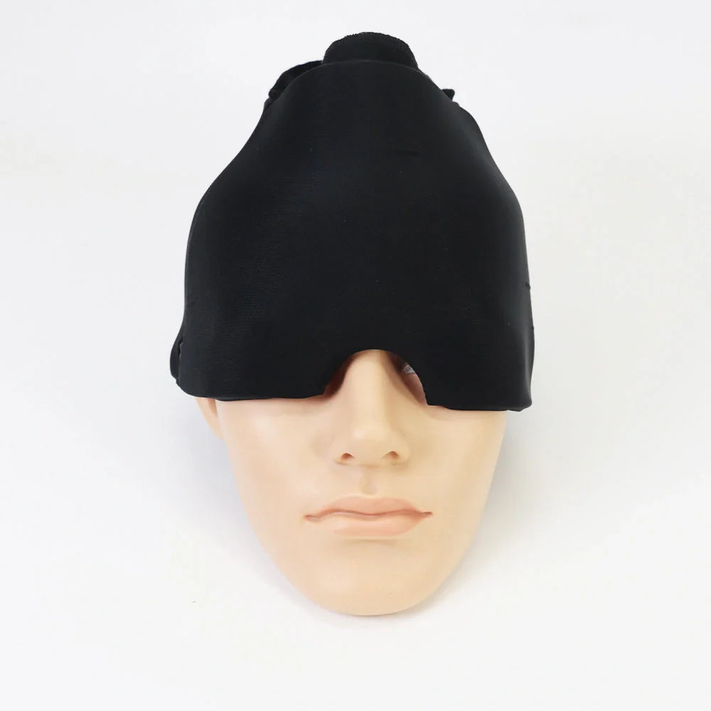 Cold Therapy Migraine Relief Hat in black and pink with soft gel design for headache relief