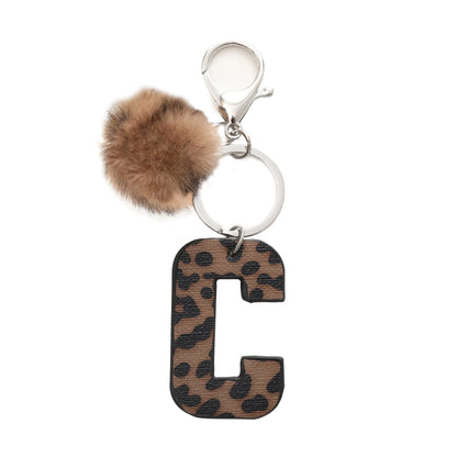 Leopard-print artificial leather keychain with oil-edged acrylic letter and included key ring, retro style