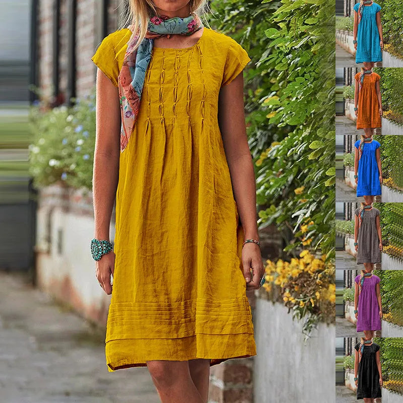 Women's U-neck short sleeve summer dress in solid colors, sizes S to 5XL