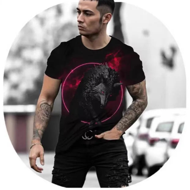 Man wearing a short-sleeved grey t-shirt with a retro-style 3D graphic of a wild animal printed on the front.