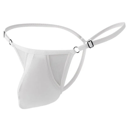 Men's ice silk T-back underwear in multiple colours featuring a geometric pattern, thin straps, and an adjustable pouch.