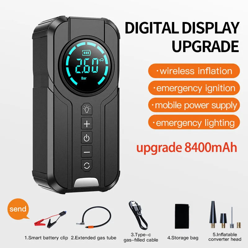 Wireless portable vehicle air pump with 6000mAh battery, 3m power cord, and 13cm inflatable pipe on a grey background
