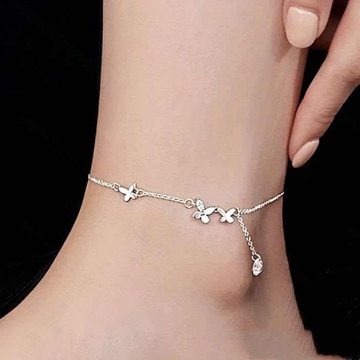 Elegant S925 Sterling Silver Butterfly Anklet with Zircon Stones and Flower Tassel