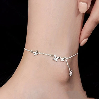 Elegant S925 Sterling Silver Butterfly Anklet with Zircon Stones and Flower Tassel