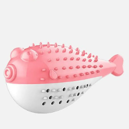 Small blue silicone fish-shaped chew toy for cats on a plain background.