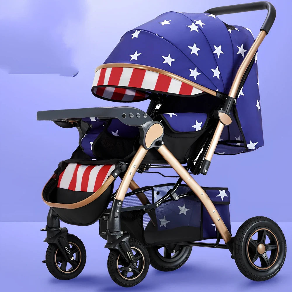 Baby stroller gift box in local gold frame with khaki blended fabric and 20cm rubber rear wheels for newborn use