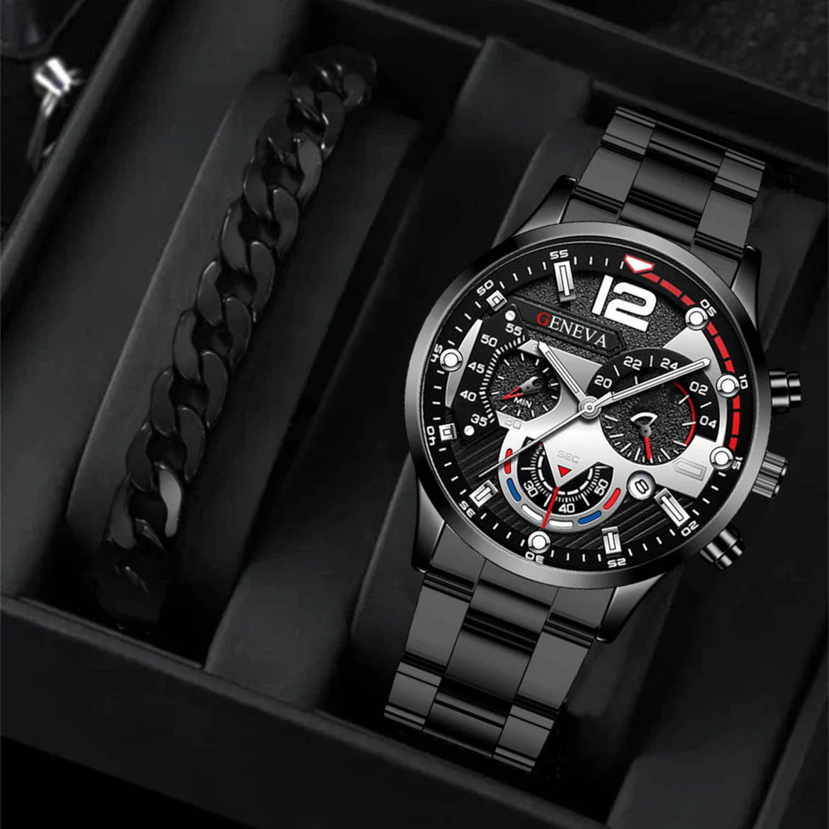 Men's stainless steel watch and coordinating bracelet set in various color options