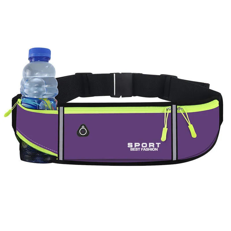A waterproof Oxford cloth running waist bag in a choice of colours, showing multiple pocket options and anti-theft design.